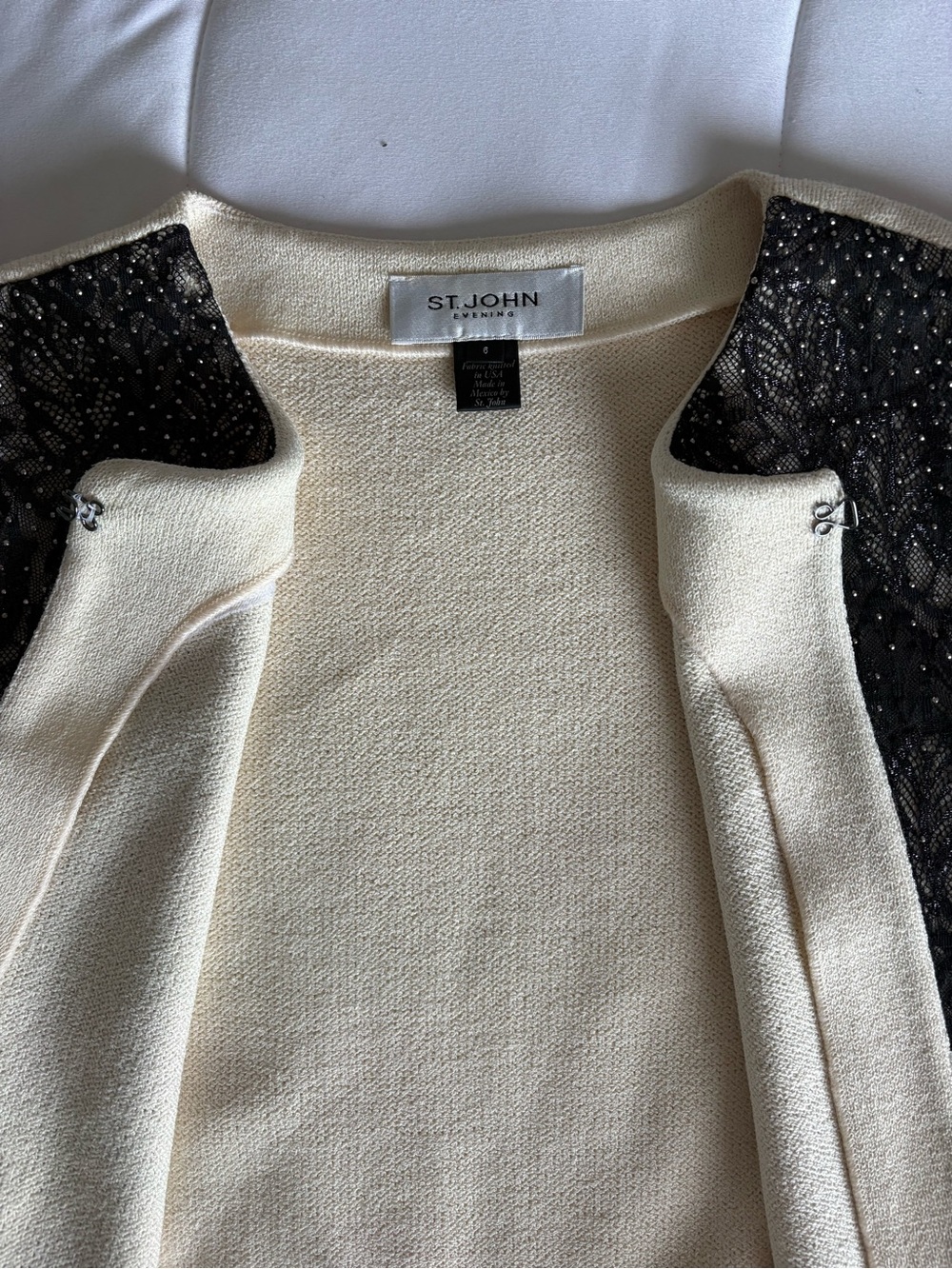 St. John Cream and Black Lace Front Knit Cardigan - Picture 9 of 11